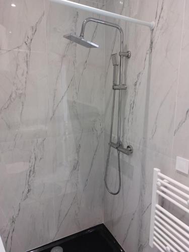 La salle de bains est pourvue d'une douche et d'un mur en marbre. dans l'établissement Studio cosy -ALLEZ LES VERTS-, à Saint-Étienne