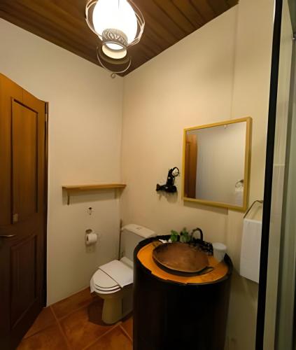 a bathroom with a sink and a toilet and a mirror at Pousada Borghetto – Charme e Exclusividade no Vale dos Vinhedos in Bento Gonçalves