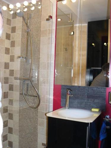 une salle de bain avec un lavabo et une douche avec un miroir dans l'établissement T2 bord de mer, à Pornic