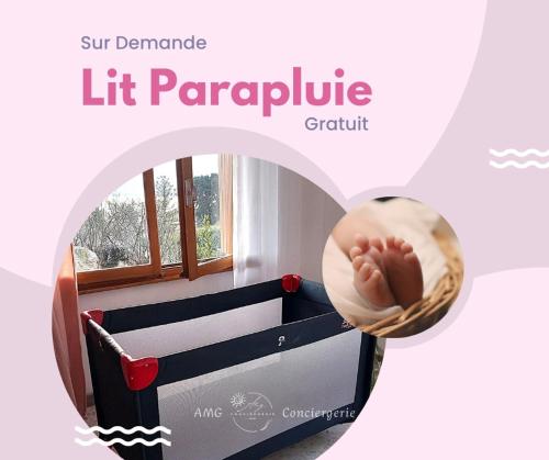 a picture of a crib with a baby in a basket at L'Horizon Bleu, Splendide vue sur le Lac Annecy, à 3mn du Lac in Veyrier-du-Lac