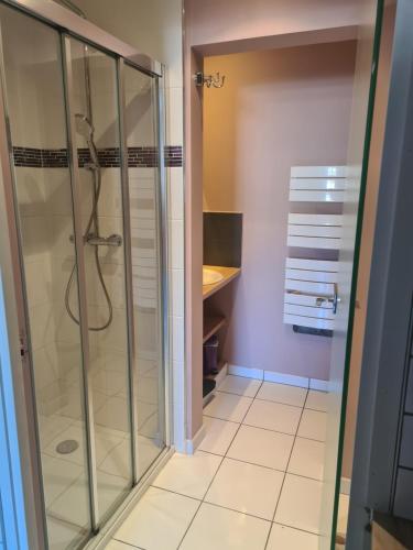 une douche en verre dans une salle de bain avec un lavabo dans l'établissement Gîte les pieds dans l'eau, face au port de plaisance, classé 3 étoiles, à Fécamp