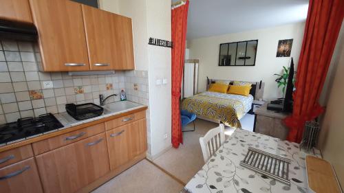 une cuisine avec un évier et une chambre avec un lit dans l'établissement Le Lamartine hyper centre Aix les Bains avec parking et climatisation, à Aix-les-Bains