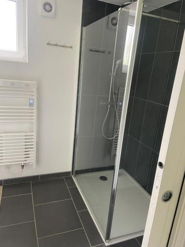 une douche avec une porte vitrée dans une salle de bain dans l'établissement Maison campagne 2chambres avec jardin, à Watten