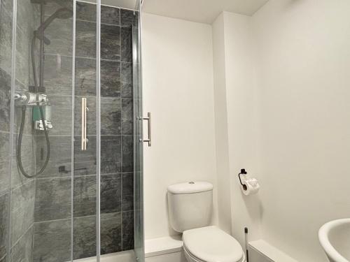 a bathroom with a shower and a toilet and a sink at 2BR 2BA Flat - King Beds - Free Parking - Near LGW Airport in Crawley