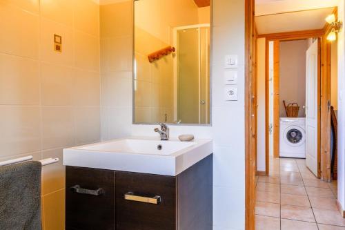 une salle de bain avec un lavabo et une machine à laver dans l'établissement Lodge milieu - Piscine privée Terrasse -, à Roquetaillade