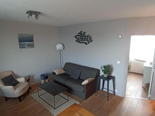 un salon avec un canapé et une chaise dans l'établissement Appartement Saint-Malo vue mer, à Saint-Malo