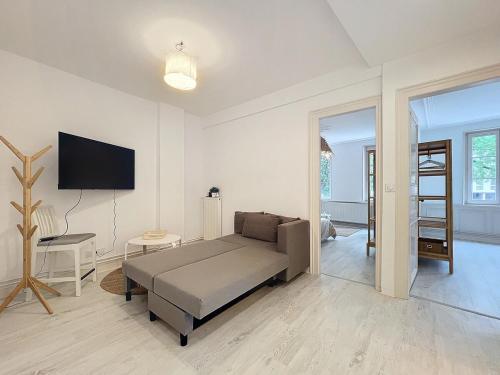une chambre avec un lit et une télévision au mur dans l'établissement Spacious 2 bedroom accommodation Petite France, à Strasbourg