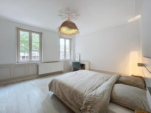 - une chambre blanche avec un lit et un lustre dans l'établissement Spacious 2 bedroom accommodation Petite France, à Strasbourg