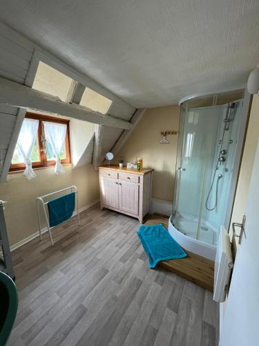 une salle de bain mansardée avec douche et lavabo dans l'établissement Gite du Val du Pâtre, à Orschwihr