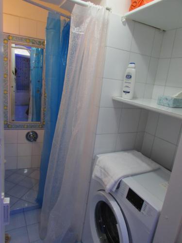 una lavatrice in un bagno con doccia di la casetta in piazzetta capri a Capri