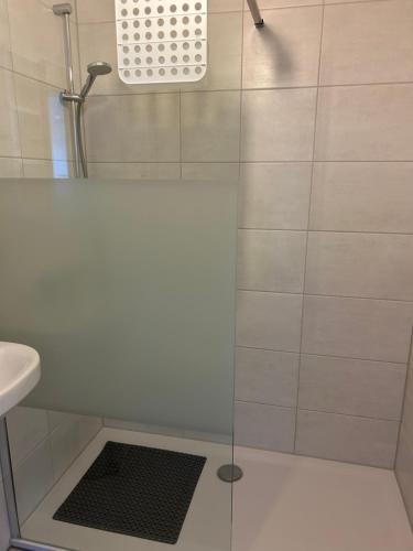 a shower with a glass door next to a sink at Ferienhuus Tüütje in Wolthusen