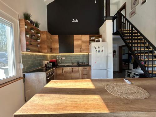 a kitchen with a counter top and a refrigerator at Lola hill house in Rovače