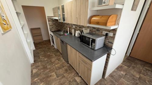 a kitchen with a counter top with a microwave at apartmán pod turbínou in Loučná nad Desnou