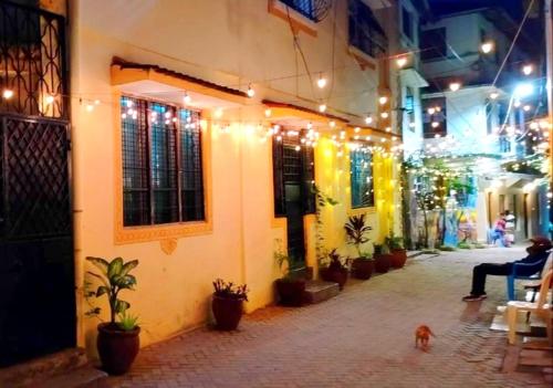 a dog walking down a street at night at Mombasa Comfort House, Old Town in Mombasa