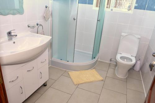 a bathroom with a sink and a shower and a toilet at Hôtel Maisons-Sifa in Butare