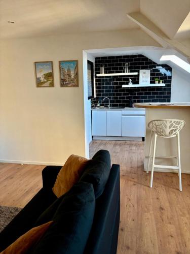 un salon avec un canapé et une cuisine dans l'établissement Appartement vieille-ville de Boulogne, vue Cathédrale, à Boulogne-sur-Mer