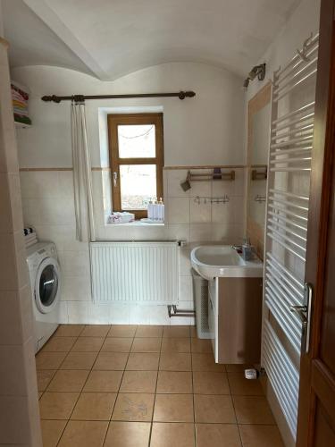 a bathroom with a sink and a washing machine at Chalupa Ostrůvek in Tachov