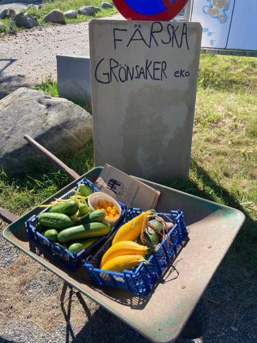 a tray of vegetables on a table next to a sign at 2x Lake House's-Hot Tub-Stunning View-Private Pier in Smidö