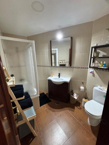 a bathroom with a sink and a toilet and a mirror at Casa Azacanes in Sanlúcar de Barrameda