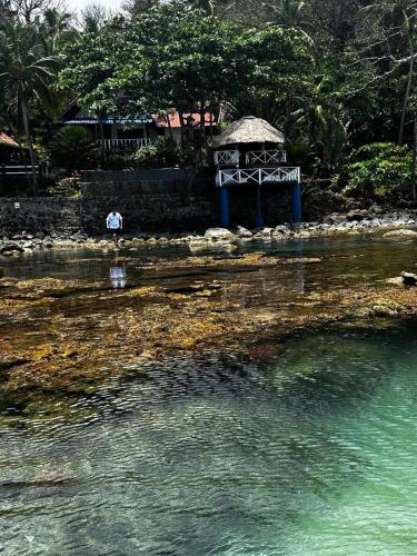 a person standing in the water near a bench at Secreto Frente Al Mar in Cacique