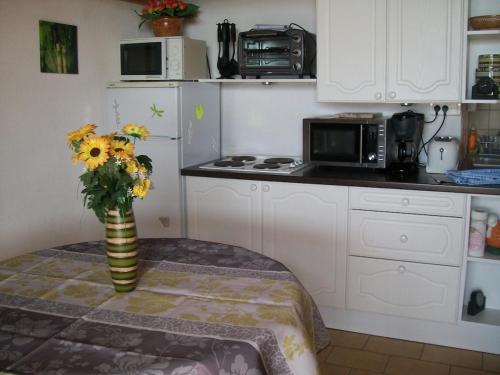 une cuisine avec un vase de fleurs sur une table dans l'établissement Appartement St pierre la mer, à Fleury