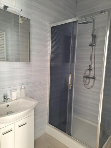 a bathroom with a shower and a sink at Apartament Cykady pod Warszawą in Zielonka