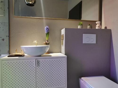 a bathroom with a sink on top of a cabinet at Apartments R9 in Rīga