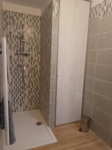 une salle de bain avec une douche avec un rideau de douche dans l'établissement L 'écrin des Neiges, à Formiguères