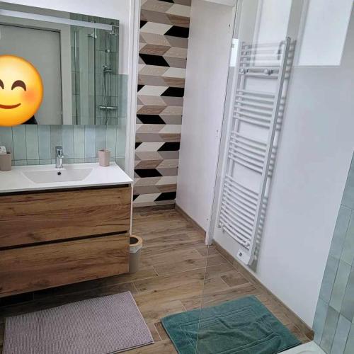 une salle de bain avec un lavabo et un miroir dans l'établissement petite maison 3km de la mer, à Ozeville