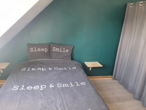 un lit dans une chambre avec un mur bleu dans l'établissement Entre terre et mer, à Plédran