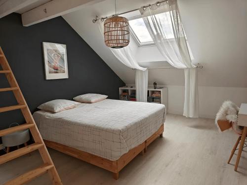 - une chambre avec un lit avec une échelle et une fenêtre dans l'établissement Grande maison familiale 8p, 14 max, pas de fête, à Nantes