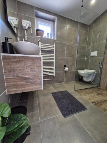a bathroom with a sink and a toilet at Gondola Apartment in Sarajevo