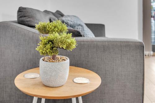 a table with two potted plants on top of a couch at New Modern Apartment near Heathrow Airport in Yiewsley