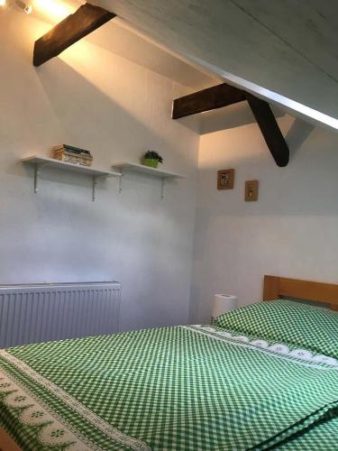 a bedroom with a bed with a green comforter at Roubenka u Vrabců in Libošovice