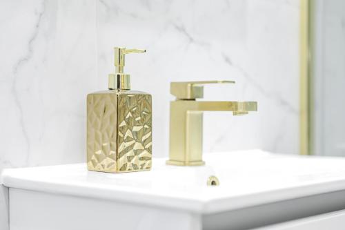 a bathroom sink with a soap dispenser on it at Traditional 1-Bed Edinburgh Apt in Edinburgh