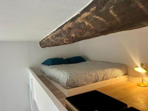 une chambre avec un lit avec des oreillers bleus dessus dans l'établissement Studio de charme au centre de Montpellier!, à Montpellier