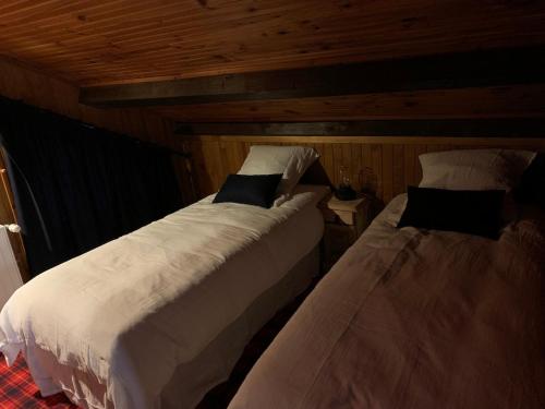 two beds in a room with wooden walls at Maison Amore Serre Chevalier in Saint-Chaffrey