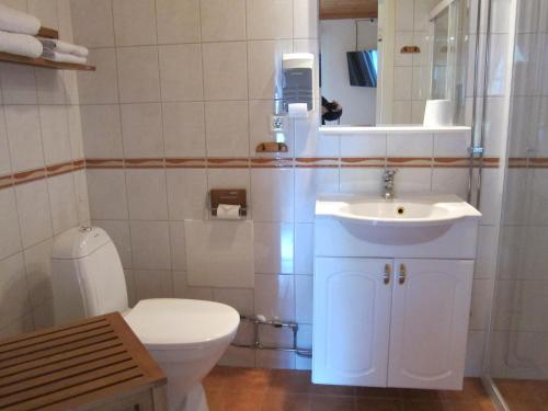 a bathroom with a white toilet and a sink at Tössestugan in Tösse