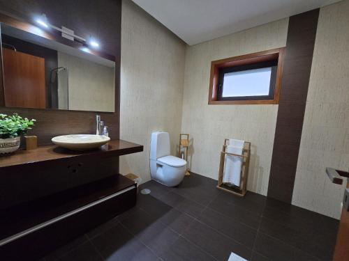 a bathroom with a toilet and a sink and a mirror at Petit Maison in Além da Ribeira