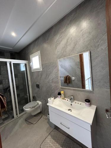 a bathroom with a sink and a toilet and a mirror at Villa roche in Awlād ‘Umar