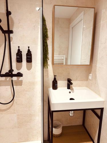 une salle de bain avec un lavabo et un miroir dans l'établissement Claelle Appartment - 200m beach, à Mandelieu-la-Napoule