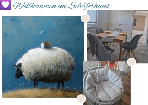 a collage of pictures with a sheep and a dining room at Schäferhaus in Wolfsburg