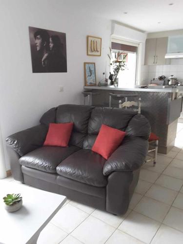 - un canapé en cuir noir dans le salon avec des oreillers rouges dans l'établissement Maison esperantza, à Saint-Pée-sur-Nivelle
