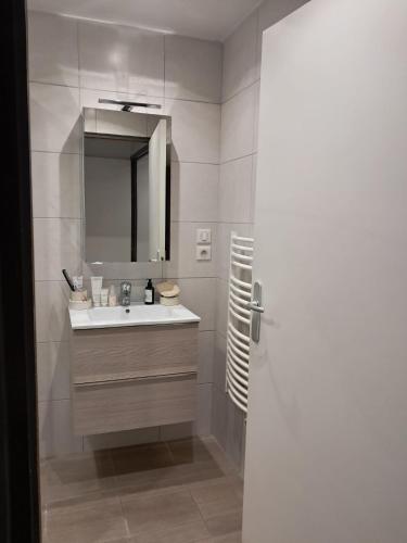 une salle de bain avec un lavabo et un miroir dans l'établissement Maison esperantza, à Saint-Pée-sur-Nivelle