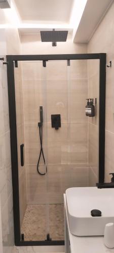 une douche avec une porte vitrée à côté d'un lavabo dans l'établissement Appartement -Paris Bastille LIGHT, à Paris
