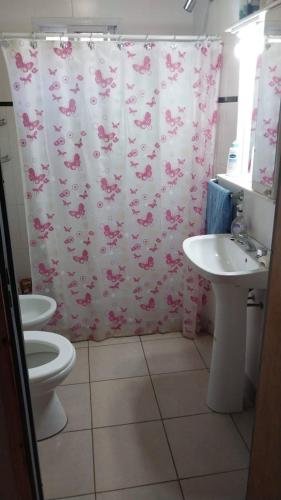 Un baño con inodoro, lavabo y cortina de ducha. en Casa de Playa - 6 Personas, en Balneario Pehuén-Có