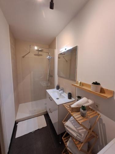 une salle de bain blanche avec un lavabo et une douche dans l'établissement Le D'lices, Spacieux, Centre-ville, Free parking, à Laval