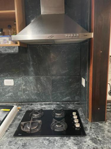 a stove top in a kitchen with a hood at Hostal Brisa Serena in Santiago