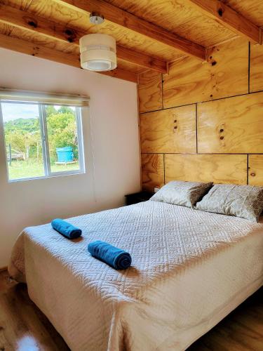 a bedroom with a bed with two blue pillows on it at Cabaña vista al mar in Castro