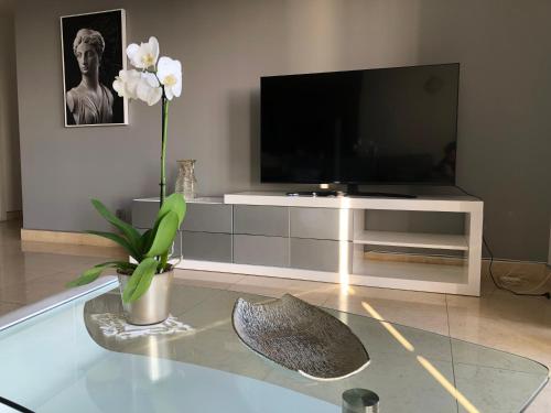 a living room with a television and a vase with flowers at Forum Ocean View Apartment in Funchal